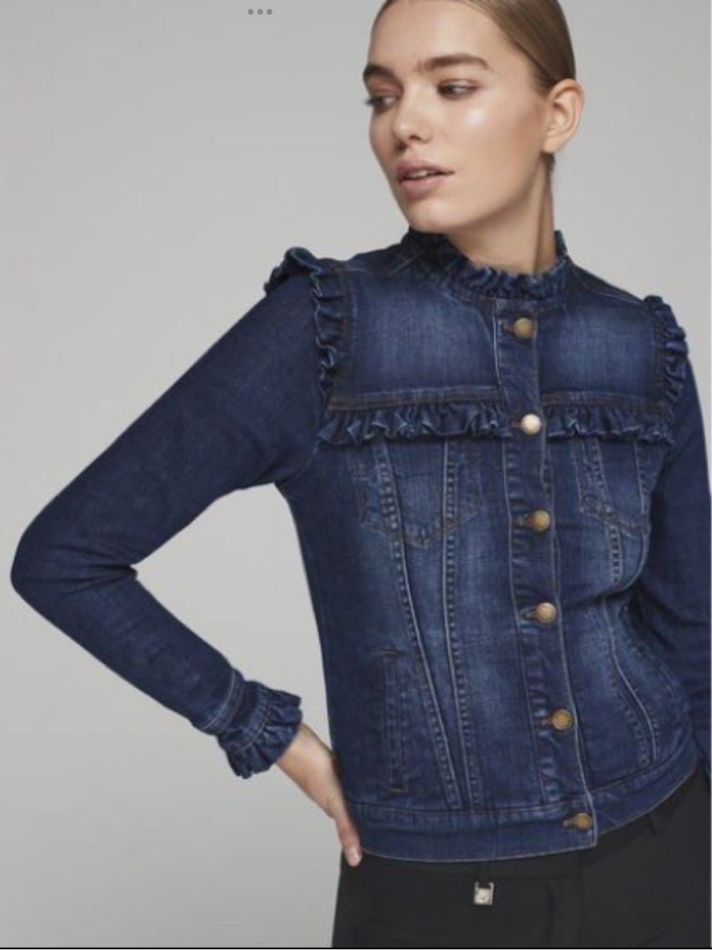 Whimsical Karl Lagerfeld Paris Dark Blue Ruffle-Trim Denim Jacket Sz. Small